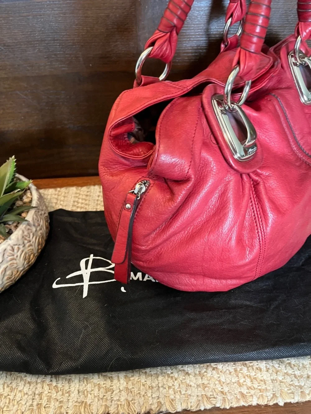 b. makowsky Red Leather Satchel with Silver Accents